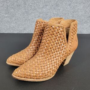 Frye Cognac Brown Reed Woven Leather Cutout Ankle Boots Chunky Booties SIZE 7